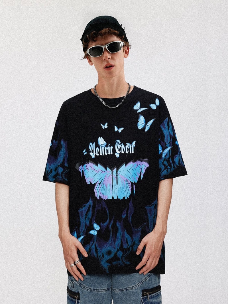 T Shirts Aelfric Eden Blue Flame Butterfly Tee Noir | NYA-07221823